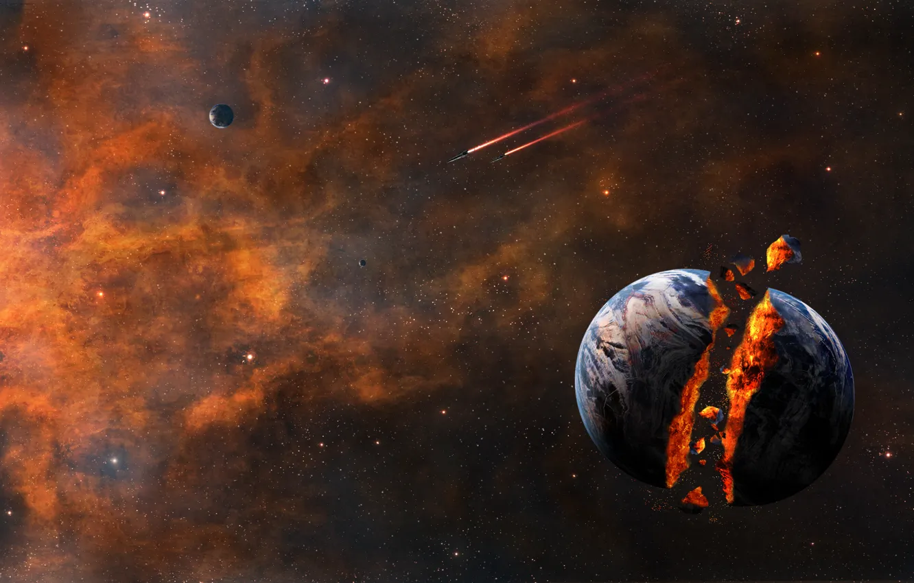 Фото обои explosion, stars, planet, Sci Fi, Sci FI, spacecraft