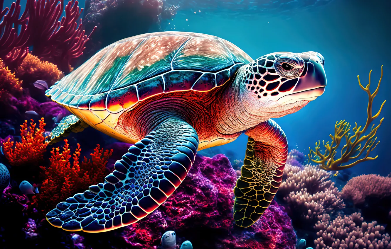 Фото обои Colorful, Underwater, Animals, Vibrant, Sea Turtle, AI art, Coral reef