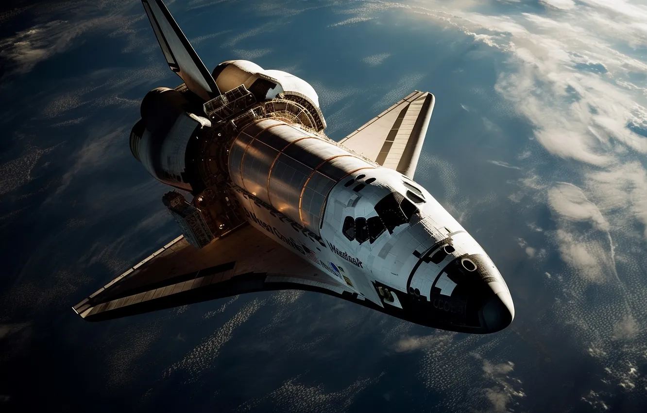 Фото обои полет, США, космический корабль, космический челнок, Space Shuttle, цифровое искусство, ИИ-арт, Искусство искусственного интеллекта