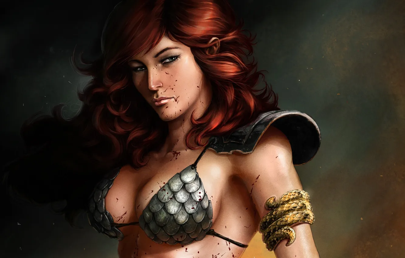 Фото обои взгляд, девушка, кровь, арт, Red Sonja, Рыжая Соня, spiderguile