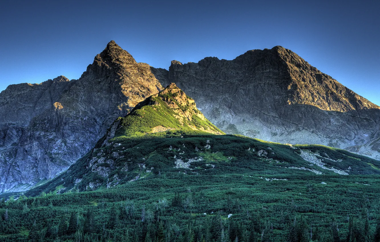 Фото обои горы, koscielec at dusk, polish tatra mountains
