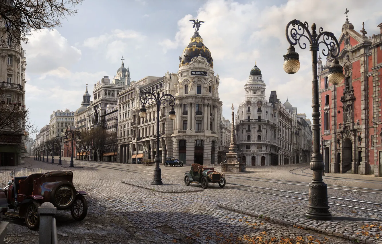 Фото обои осень, город, улица, арт, Jordi Gonzalez Escamilla, Gran via 1900