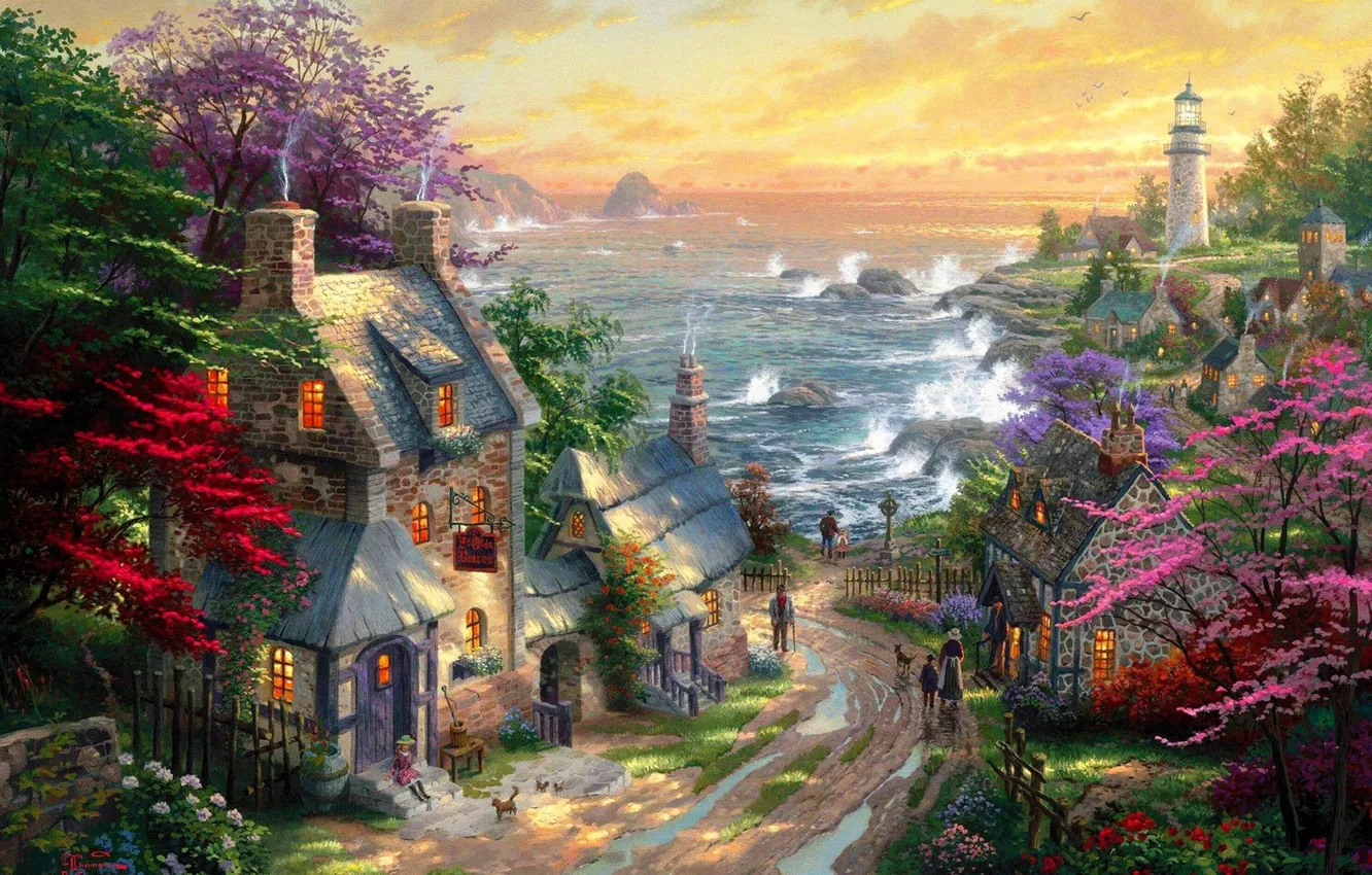 Фото обои дорога, море, маяк, дома, деревня, лужи, живопись, Thomas Kinkade