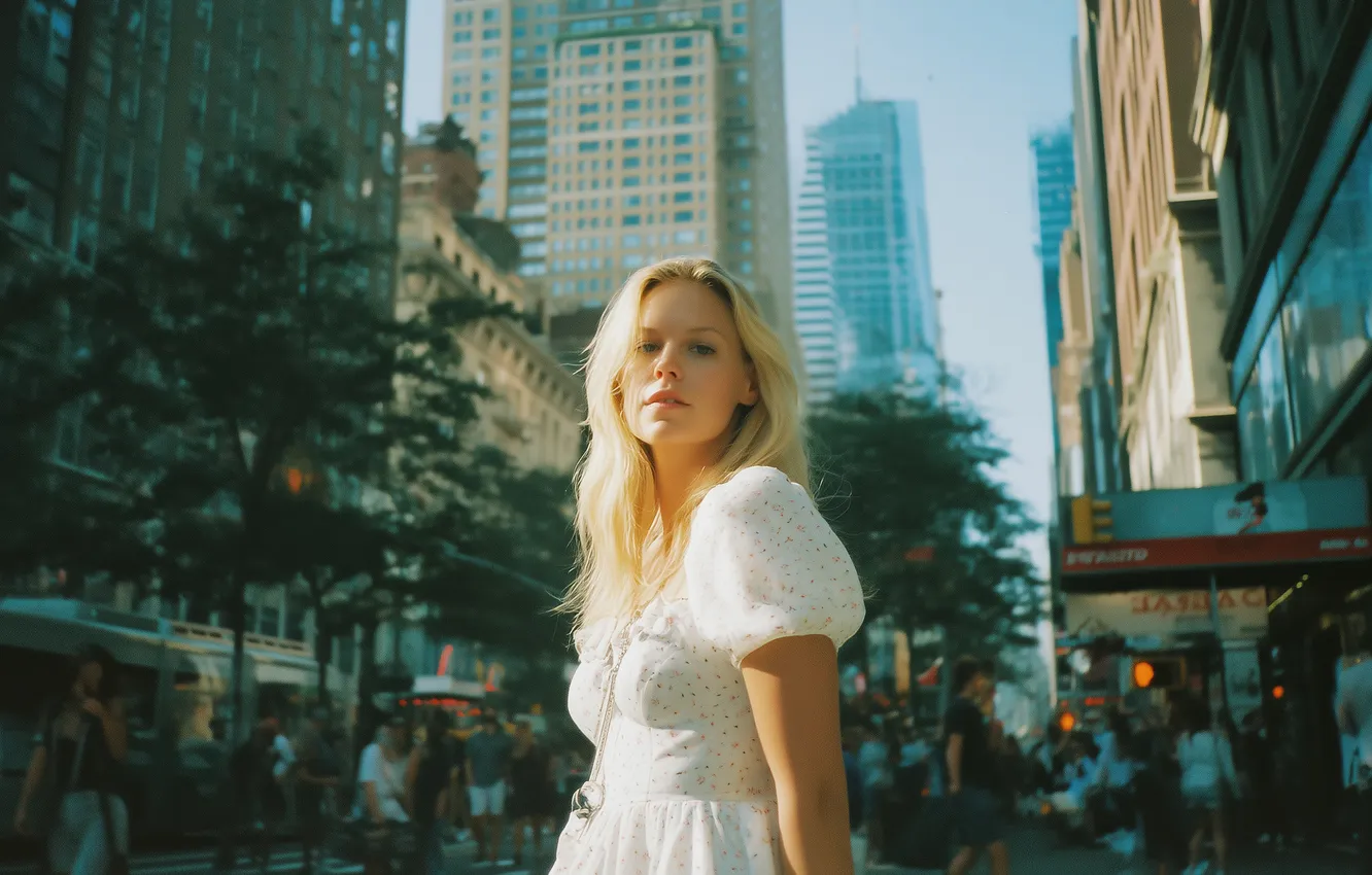 Фото обои city, street, women, white dress, portrait, low-angle, looking at viewer, AI Art