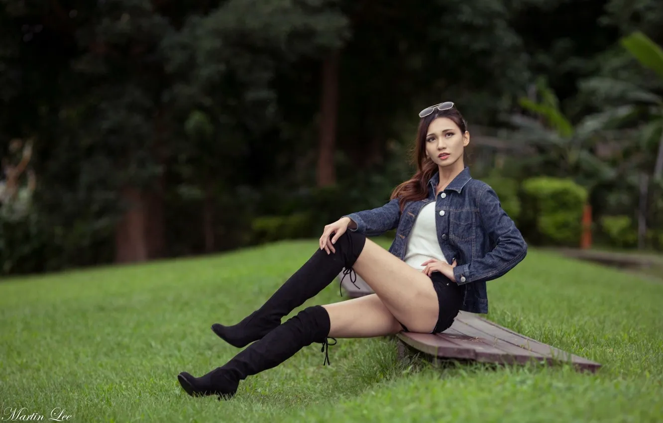 Фото обои трава, азиатка, милашка, лужайка, asian, cutie, asian girls, летний день