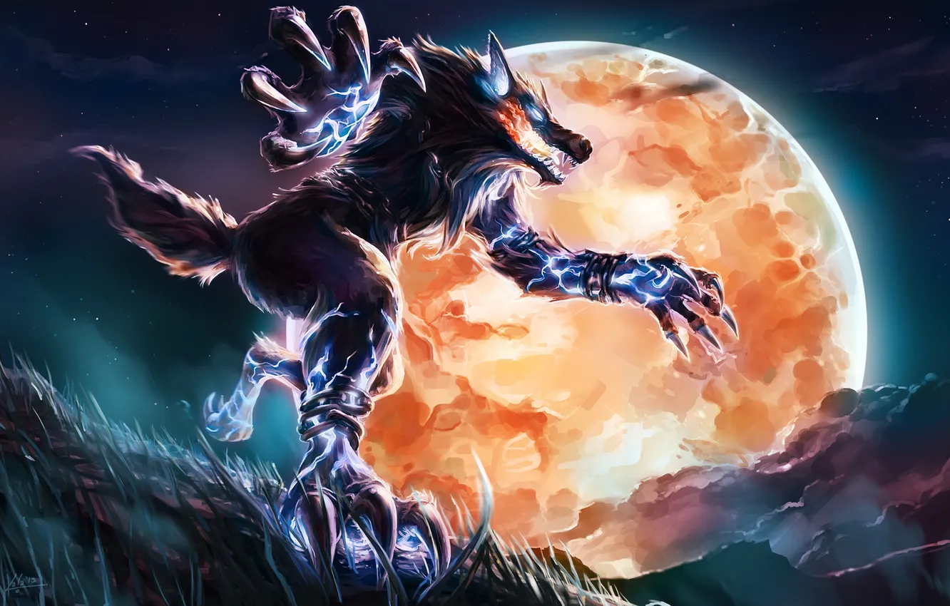 Фото обои луна, молнии, волк, Фенрир