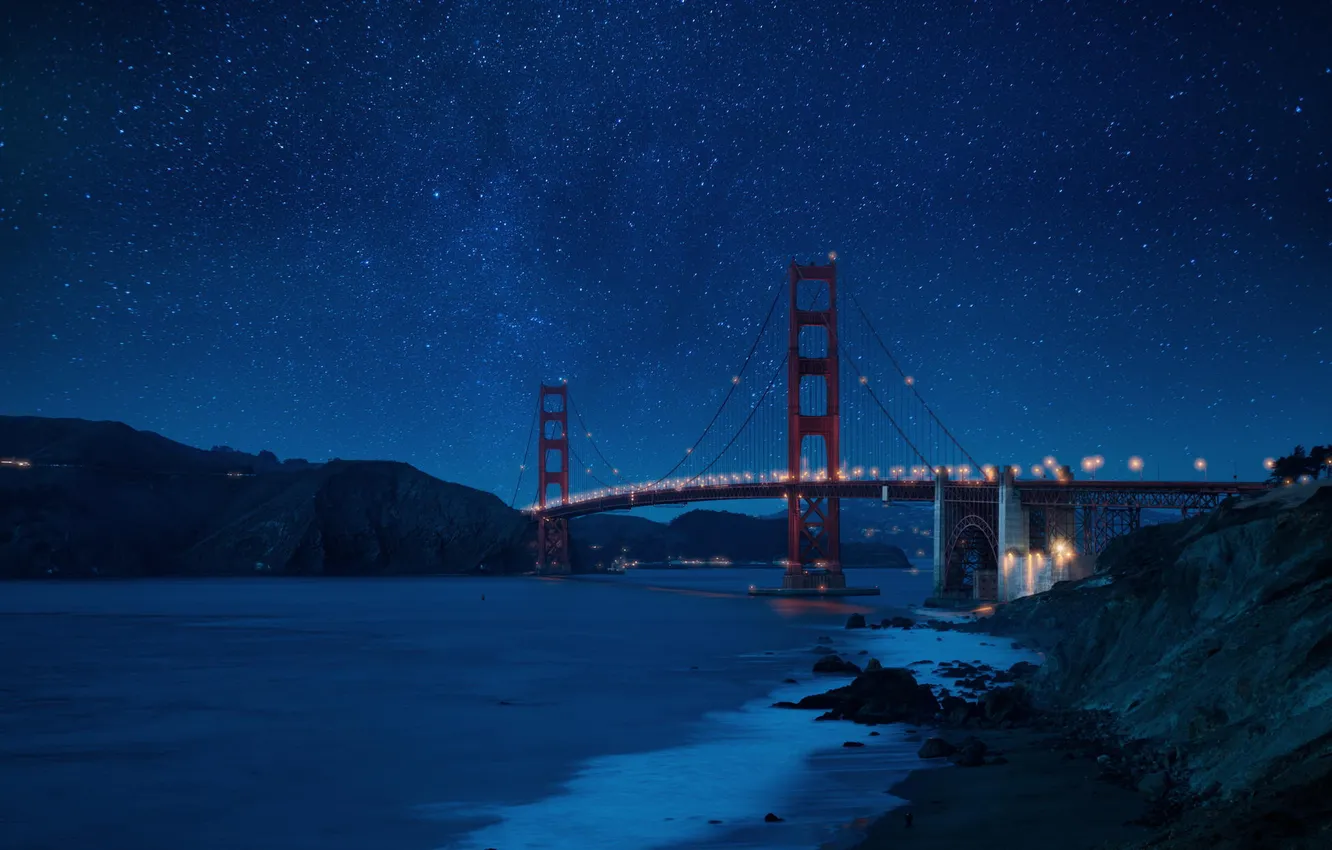Фото обои пляж, ночь, мост, берег, Golden Gate вridge