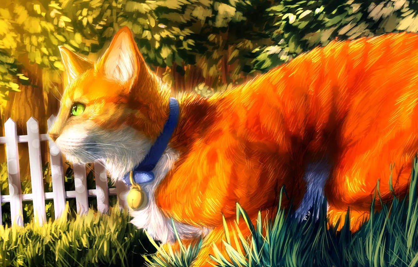 Фото обои трава, синий, забор, арт, ошейник, живопись, зеленые глаза, рыжий кот