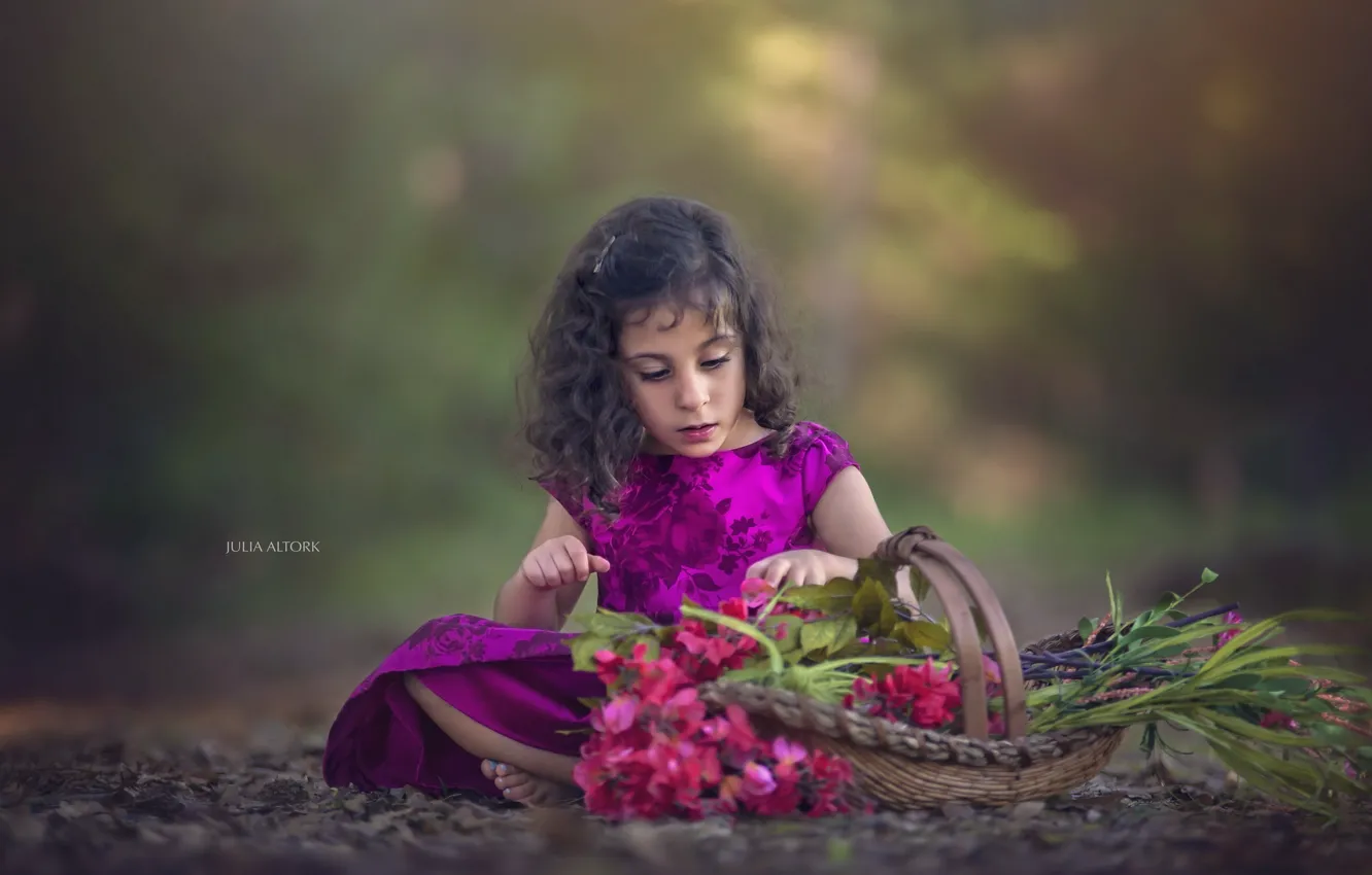 Фото обои цветы, корзина, девочка