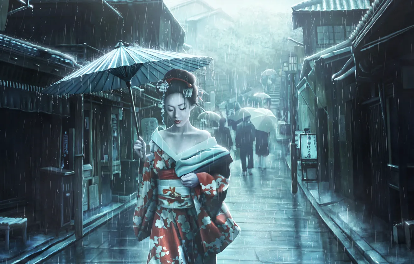 Фото обои Девушка, Япония, Улица, Дождь, Азиатка, Зонтик, Зонт, Japan