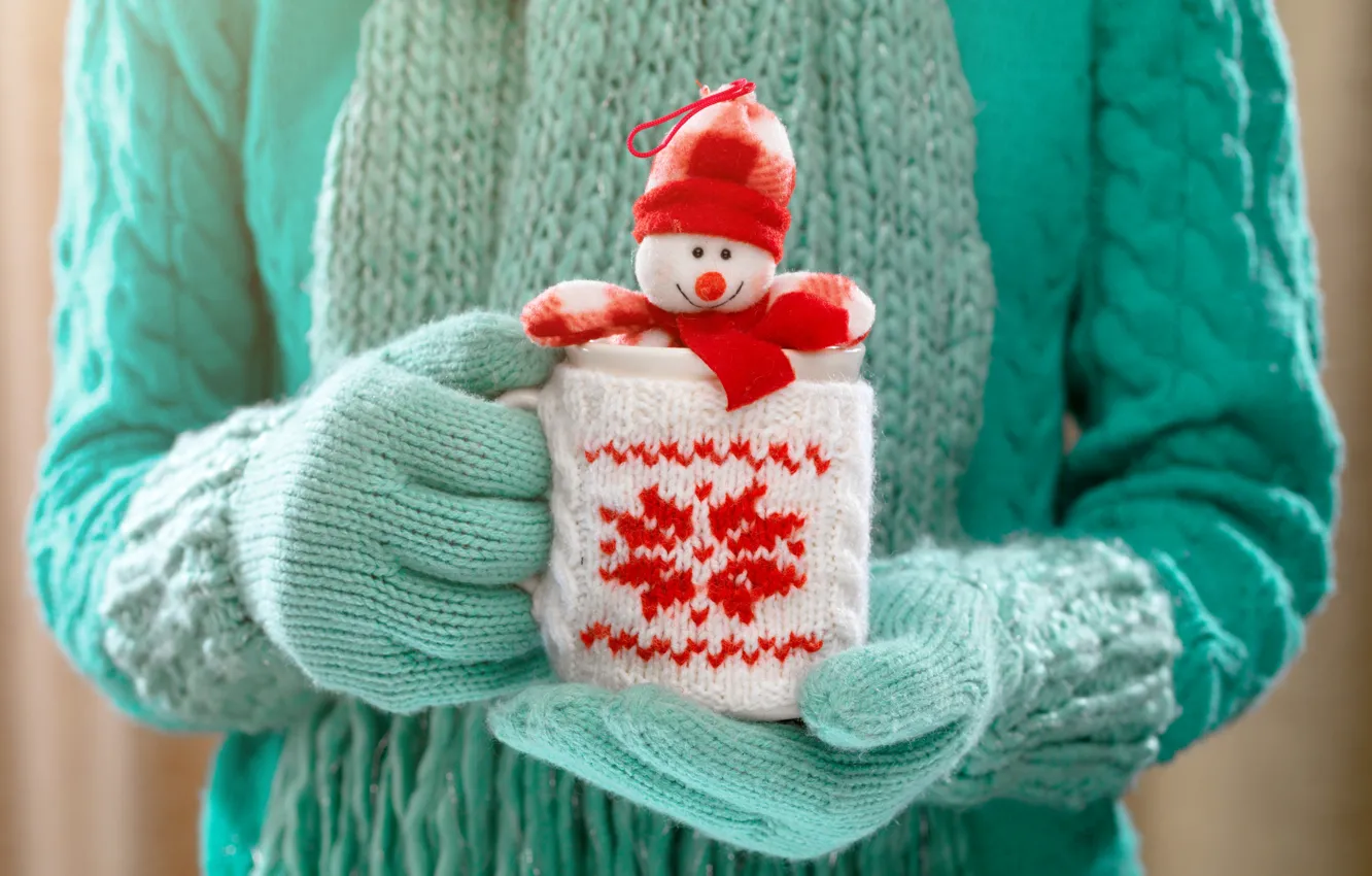 Фото обои зима, руки, кружка, снеговик, winter, варежки, cup, какао