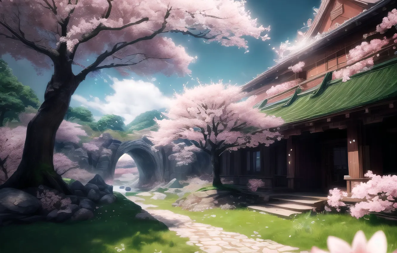 Фото обои cherry blossom, Asian architecture, AI art