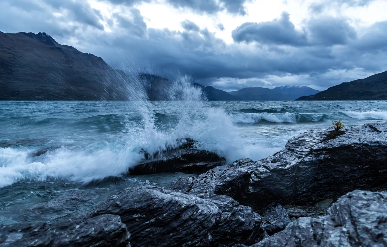 Фото обои горы, река, берег, New Zealand, Queenstown