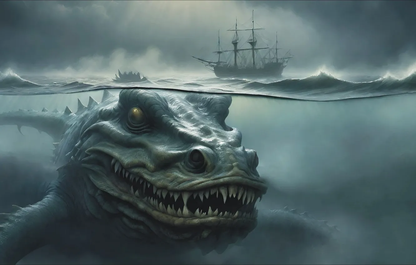 Фото обои океан, чудище, пасть, клыки, ART, monster, ocean, fantastic