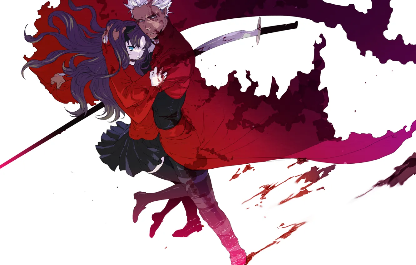 Фото обои кровь, меч, пятна, Fate/stay night, седой, Archer, Rin Tohsaka