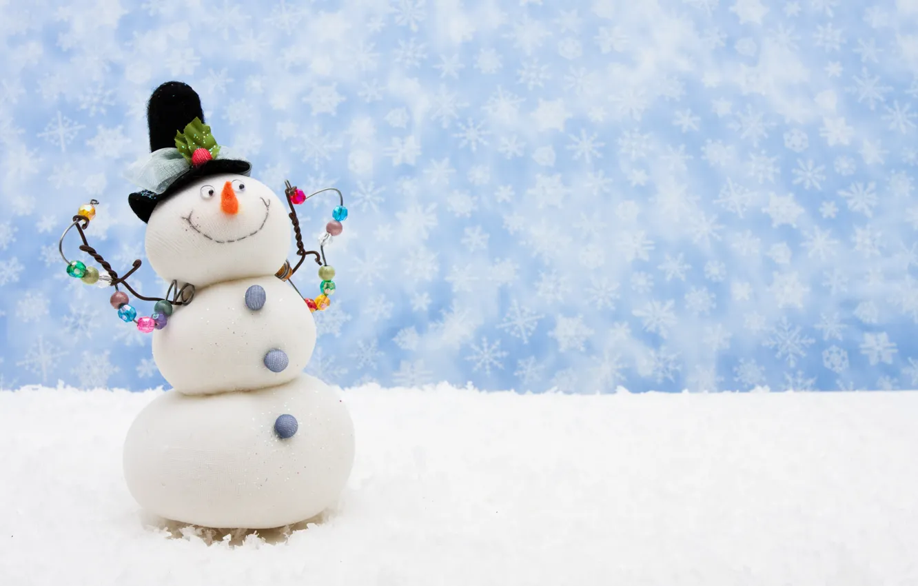 Фото обои снег, шарф, Рождество, Новый год, снеговик, new year, Christmas, снежинка