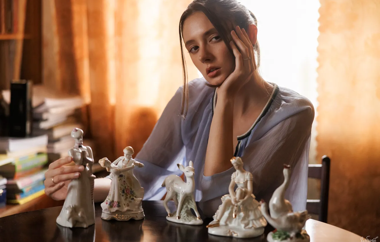 Фото обои взгляд, девушка, поза, настроение, рука, статуэтки, Disha Shemetova, Илья Гарбузов