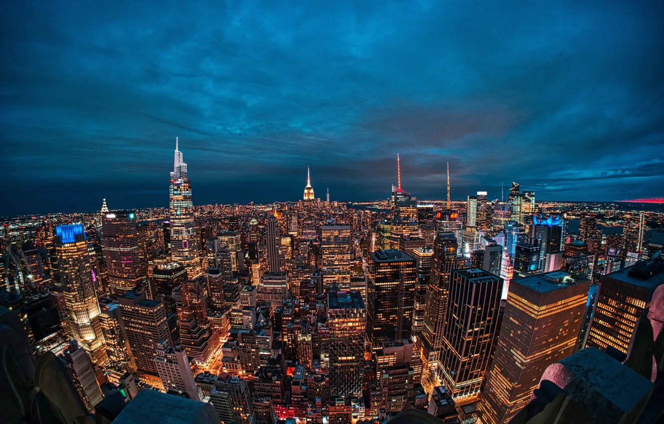 Фото обои здания, дома, Нью-Йорк, ночной город, Манхэттен, небоскрёбы, Manhattan, New York City