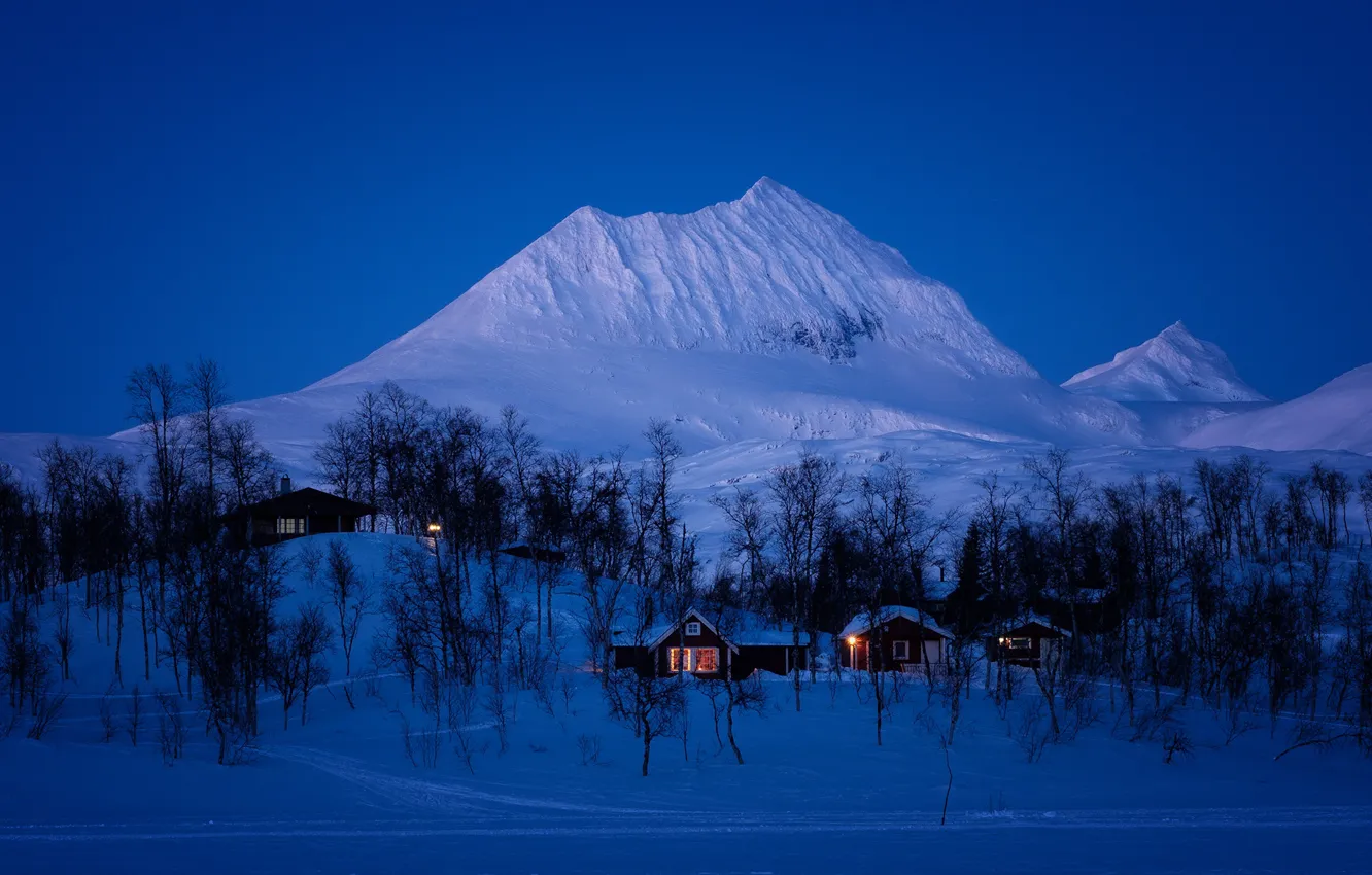 Фото обои зима, снег, горы, ночь, дома, Норвегия