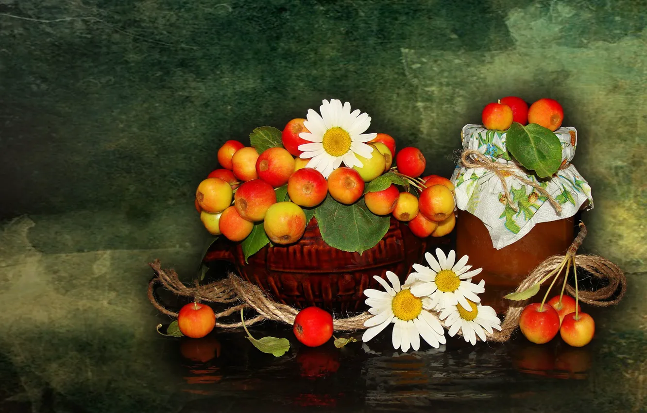 Фото обои цветы, природа, настроение, яблоки, ромашки, красота, ваза, корзинка