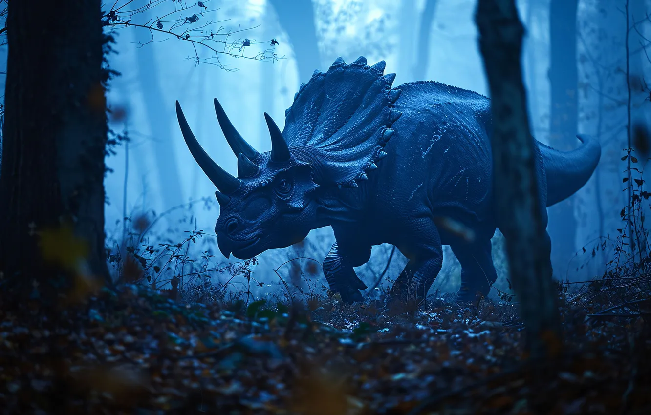 Фото обои Деревья, Утро, Динозавр, Рога, Triceratops, Животное, Цифровое искусство, Трицератопс