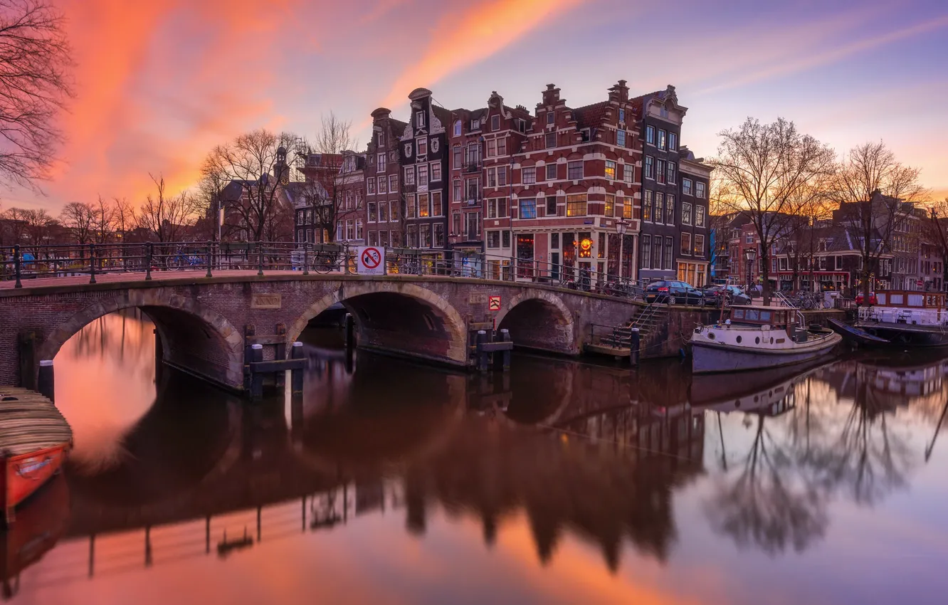Фото обои мост, река, дома, Амстердам, Нидерланды
