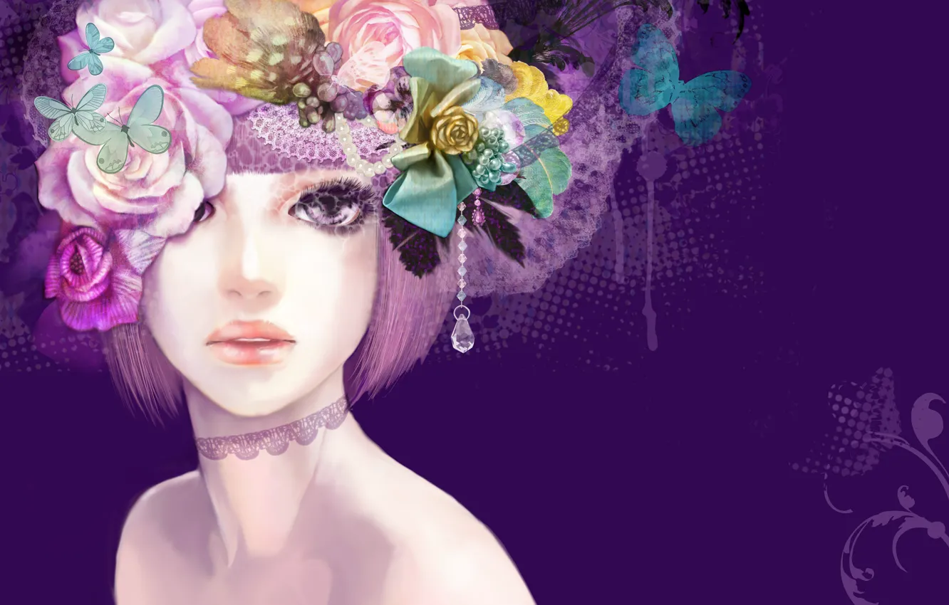 Фото обои девушка, бабочки, цветы, рисунок, арт, кулон, фиолетовый фон