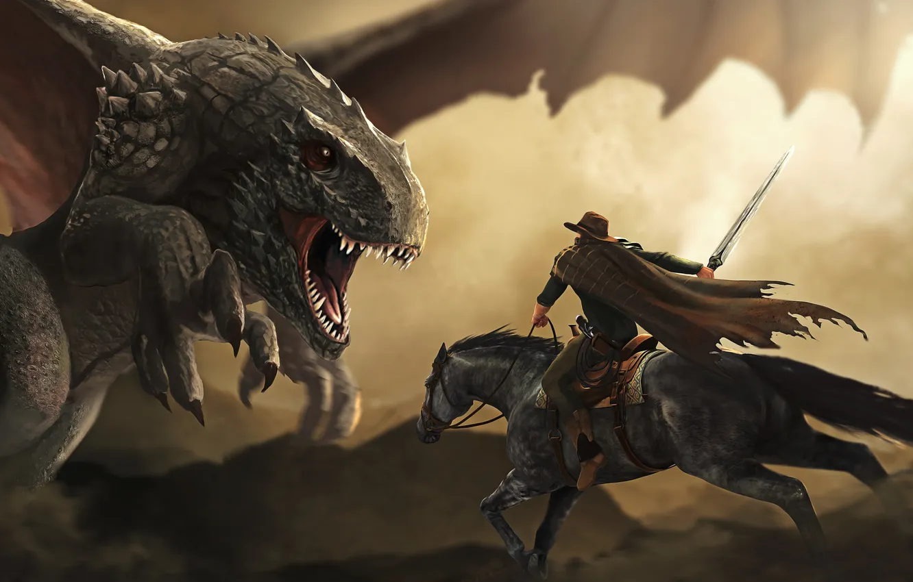 Фото обои фантастика, дракон, лошадь, меч, наездник, ковбой