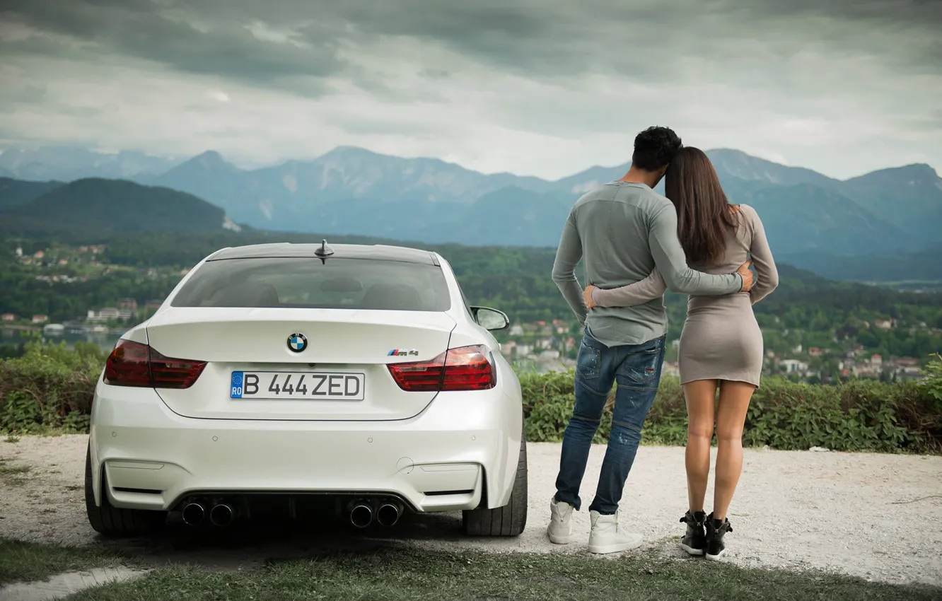 Фото обои белый, девушка, любовь, пейзаж, горы, вид, BMW, пара