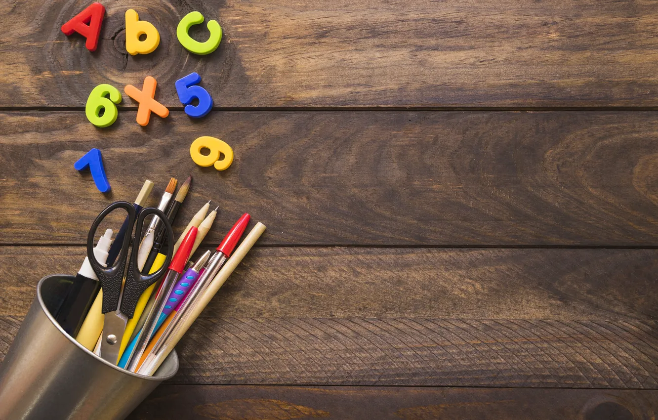 Фото обои буквы, цифры, ручки, школа, ножницы