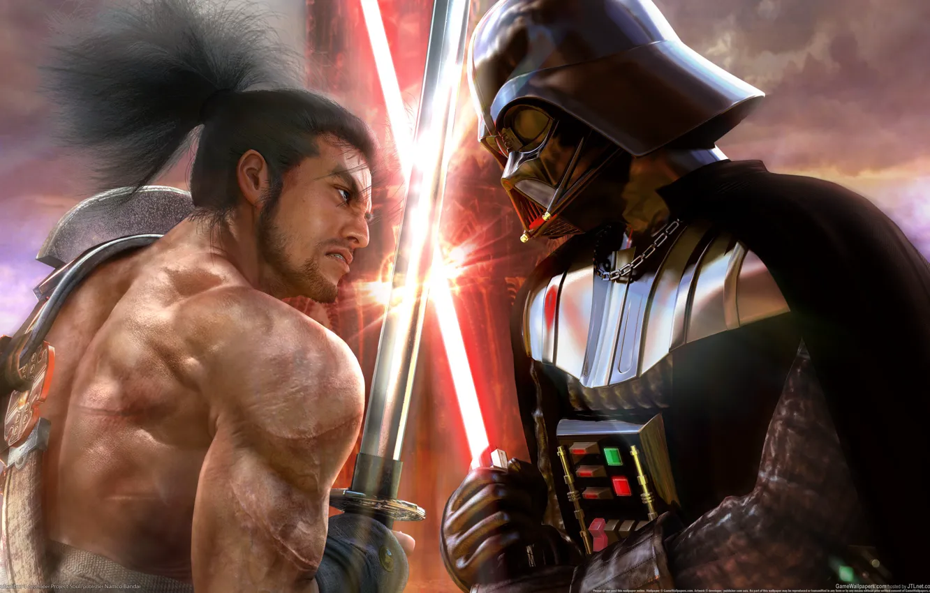 Фото обои катана, битва, мечи, Soul Calibur 4, на мечах, Darth Vader vs самурай, Звездные Войны