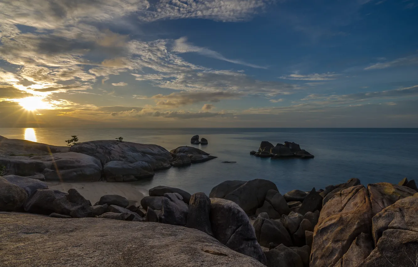 Фото обои море, камни, рассвет, побережье, утро, Таиланд, Thailand, Surat Thani