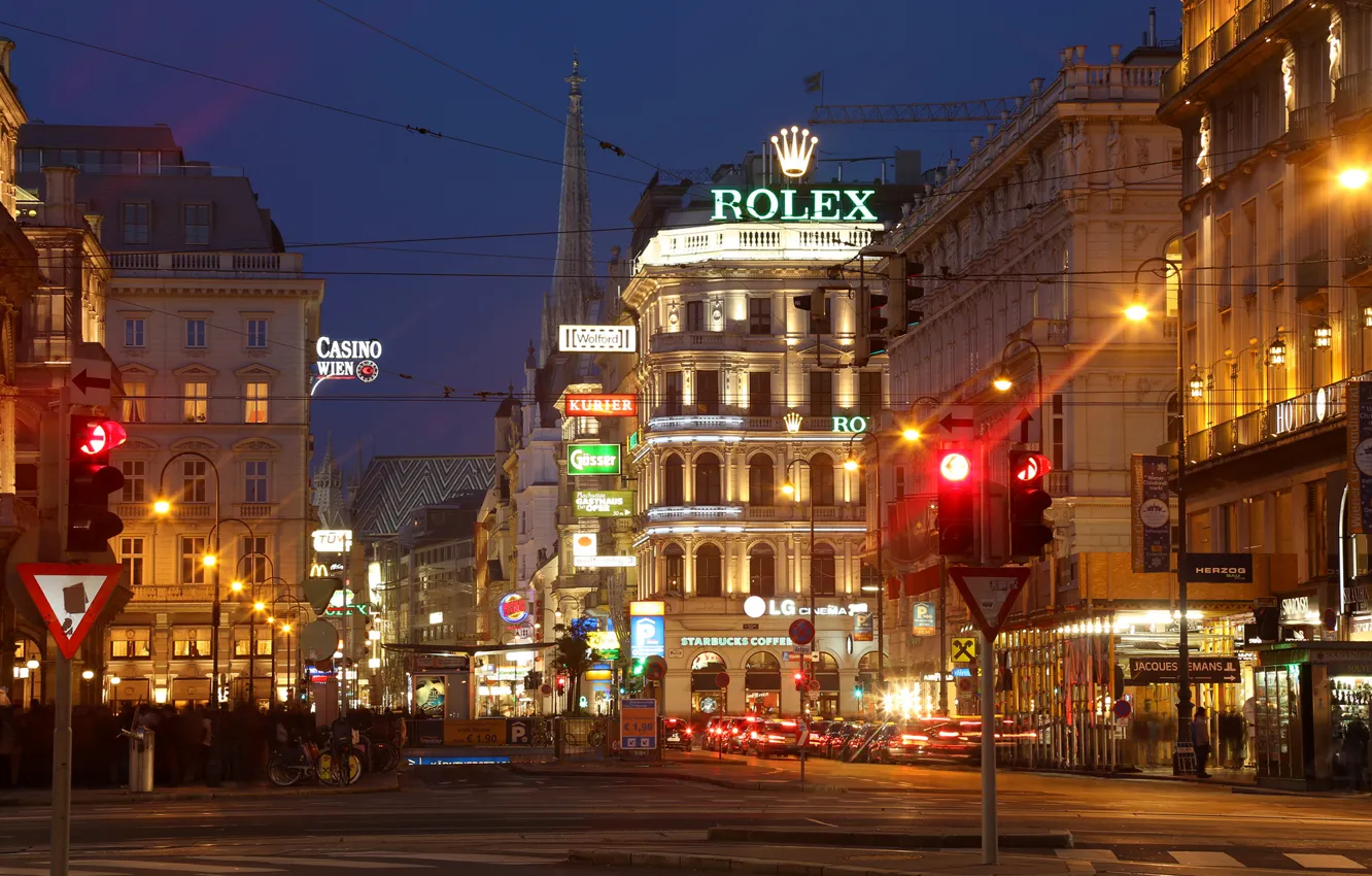 Фото обои дорога, ночь, город, огни, улица, здания, Австрия, светофор