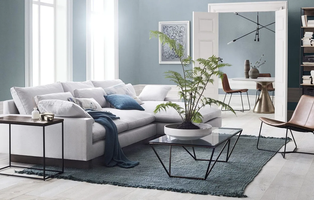 Фото обои интерьер, софа, гостиная, столовая, скандинавский стиль, living room with light blue walls, West-Elm home