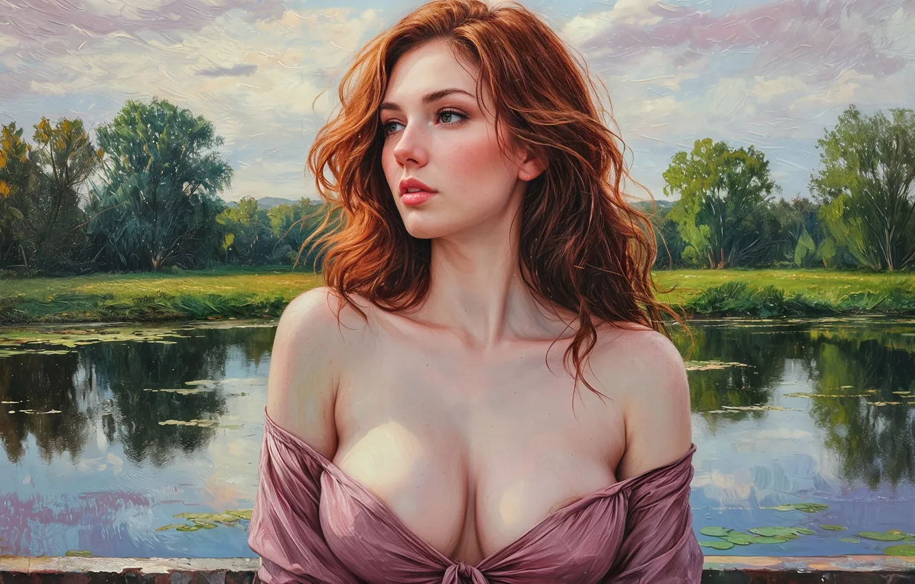 Фото обои деревья, озеро, декольте, бюст, digital art, цифровое искусство, рыжеволосая красавица, женский портрет