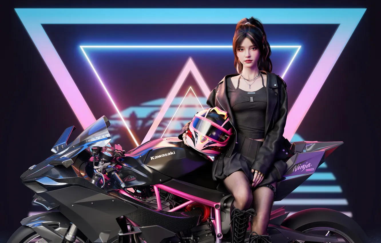 Фото обои girl, anime, motorcycle, cgi