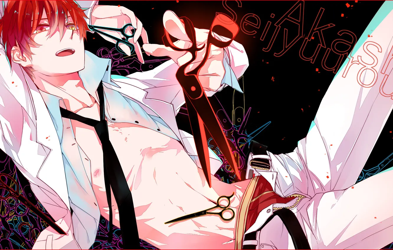 Фото обои галстук, парень, art, ножницы, красные волосы, баскетбол Куроко, белая рубашка, Seijuro Akashi