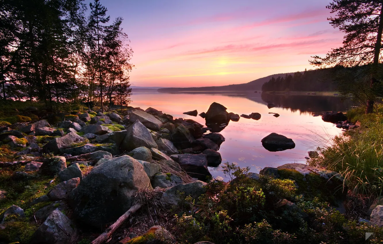 Фото обои лес, закат, озеро, камни, спокойствие, by Robin de Blanche, Asleep
