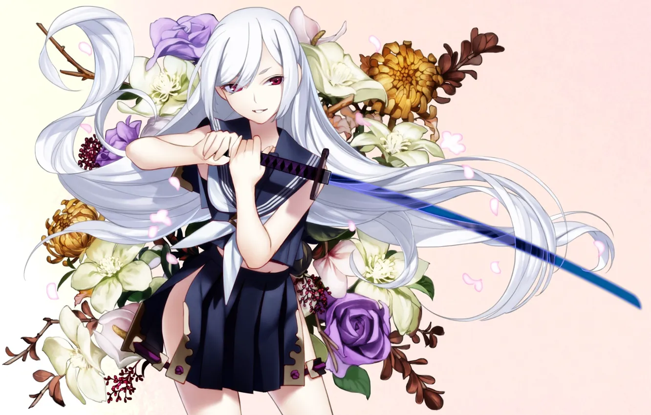 Фото обои девушка, цветы, меч, аниме, арт