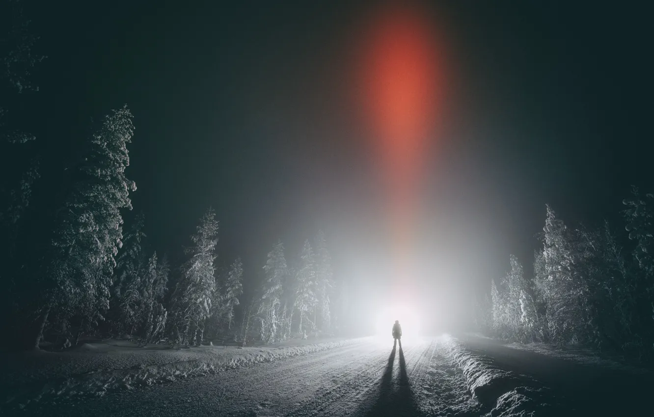 Фото обои зима, дорога, лес, небо, ночь, человек, Финляндия, Finland
