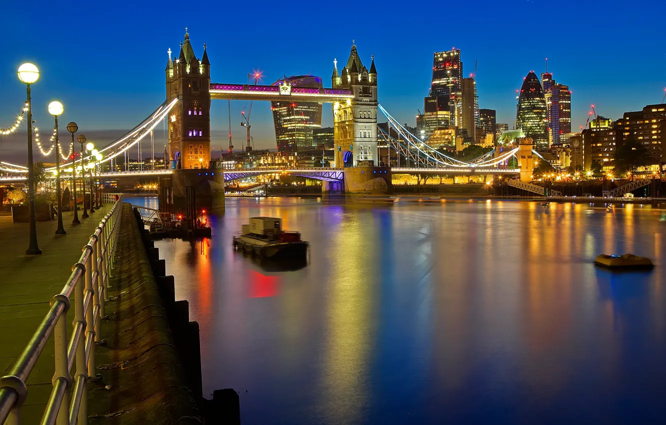 Фото обои ночь, огни, река, Англия, Лондон, Темза, Тауэрский мост