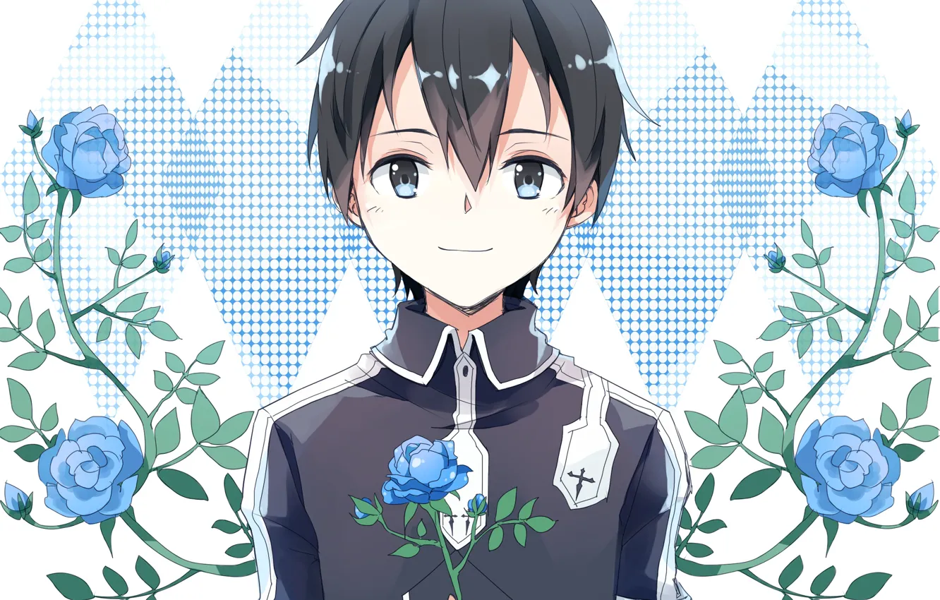 Фото обои цветы, розы, парень, голубые розы, Sword Art Online, Кирито, Мастера Меча Онлайн