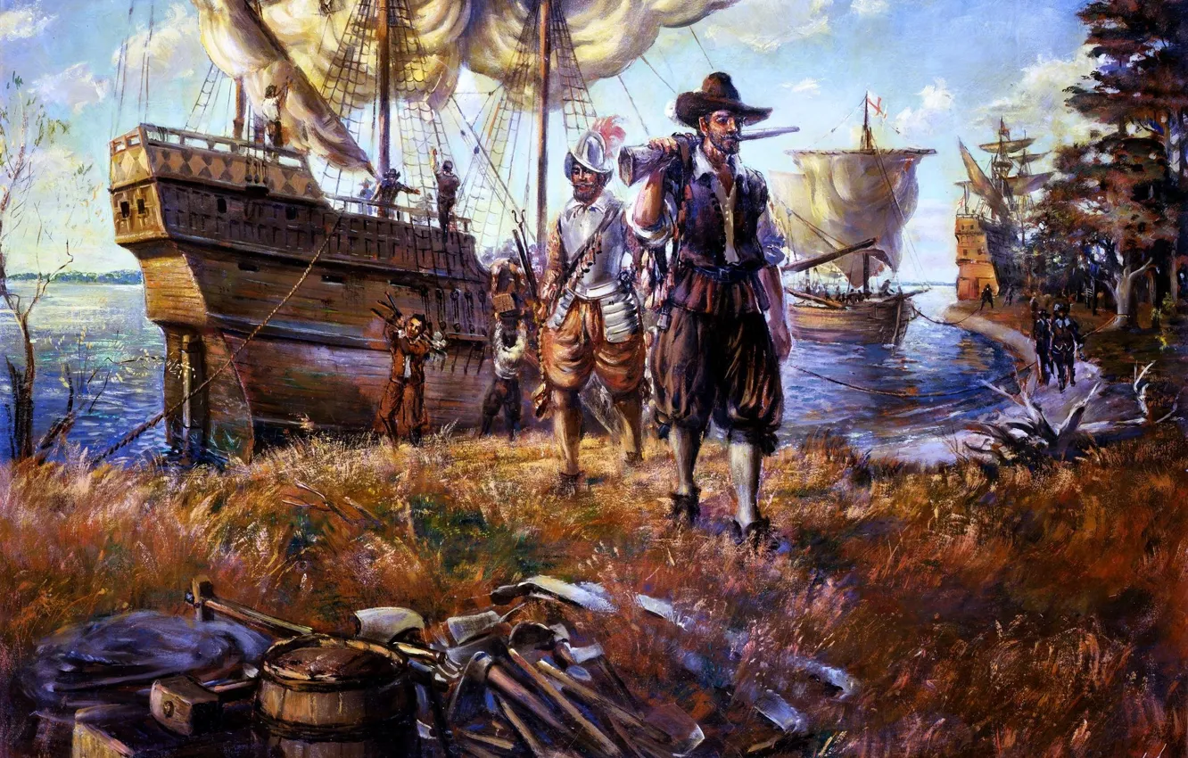 Фото обои берег, масло, корабли, картина, холст, англичане, колонисты, .первые