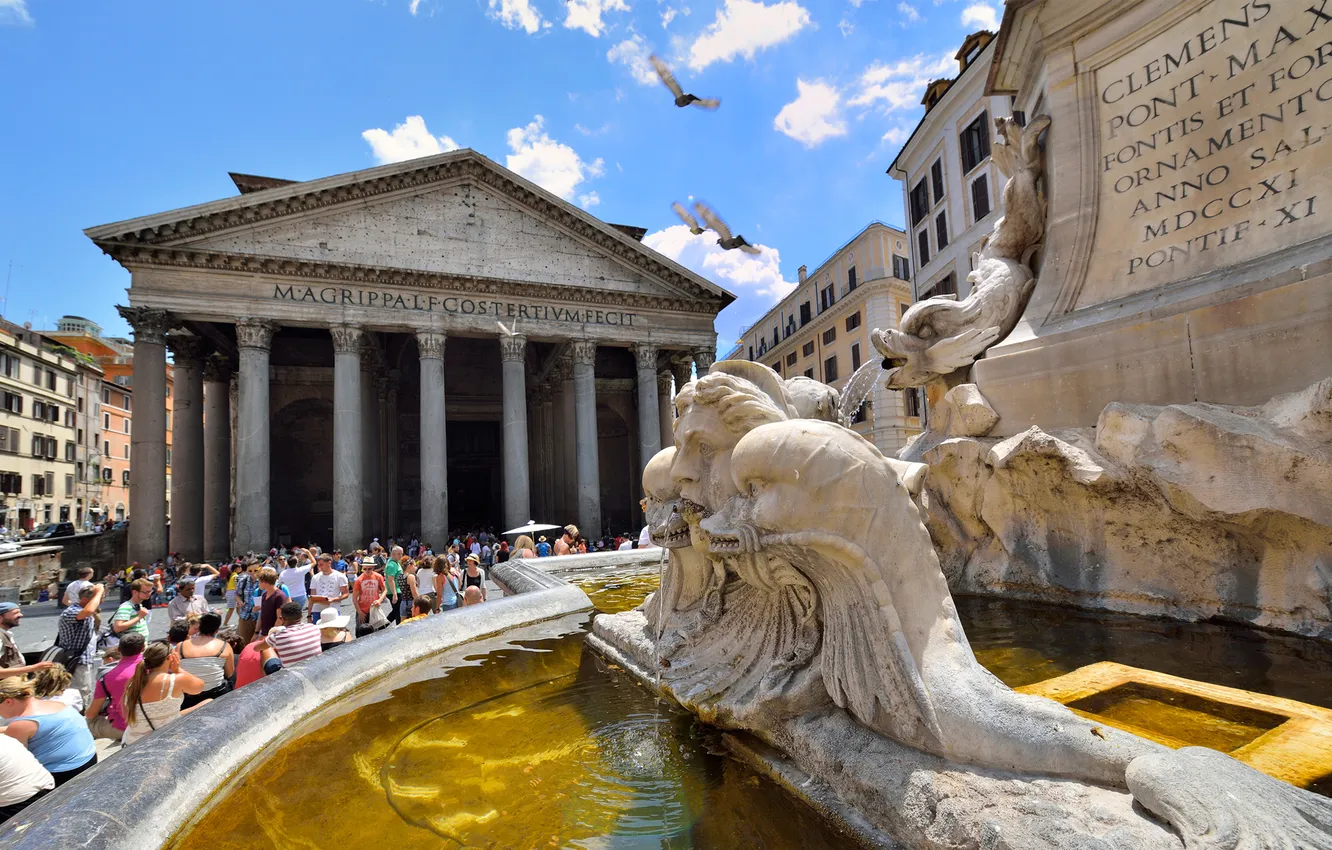 Фото обои люди, площадь, Рим, Италия, колонны, фонтан, Пантеон