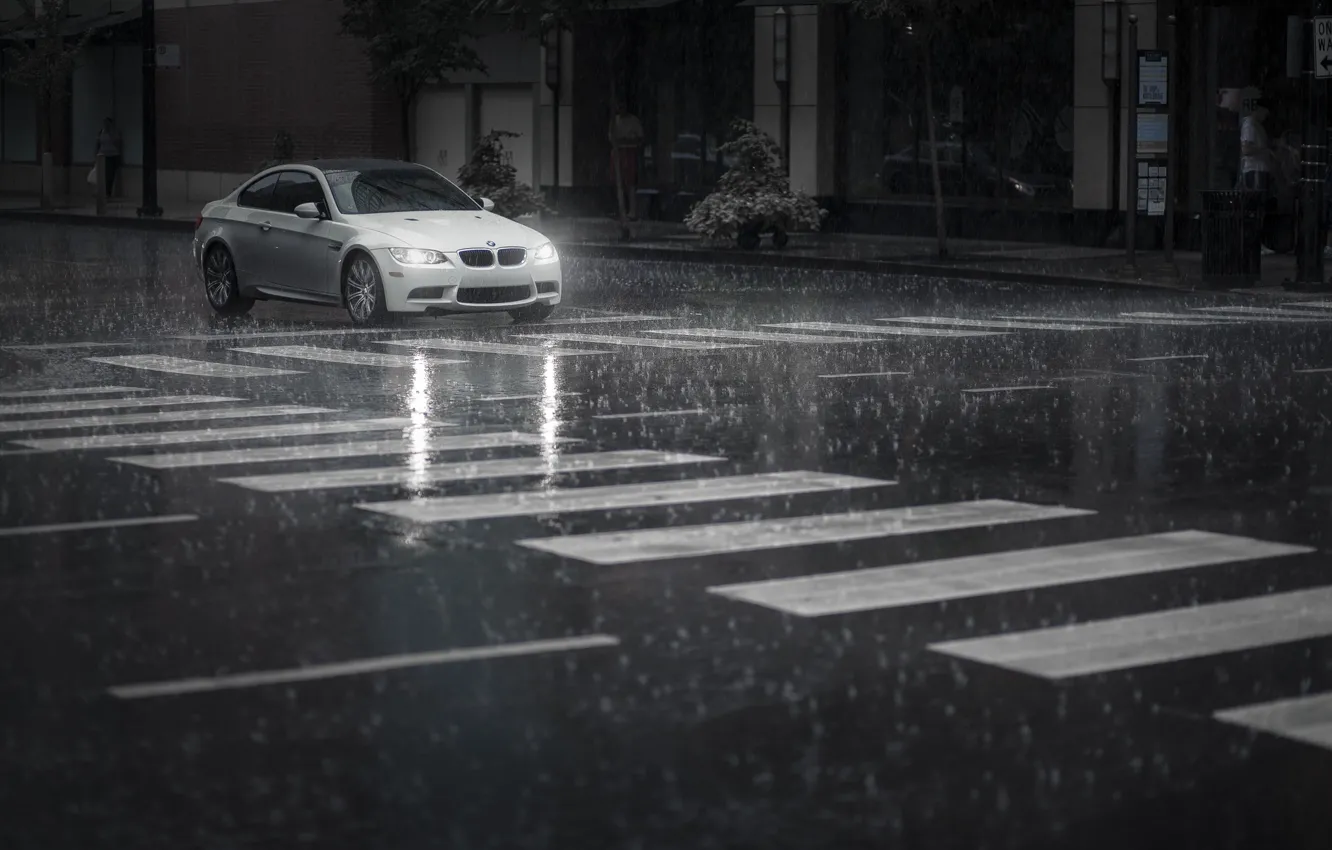 Фото обои машина, дождь, улица, автомобиль, BMW M3