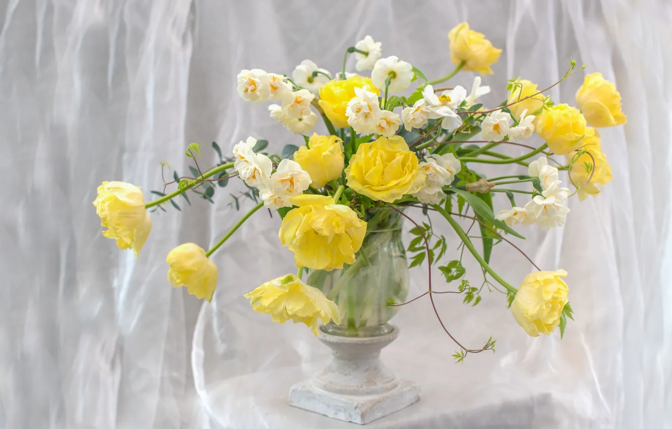 Фото обои желтый, букет, тюльпаны