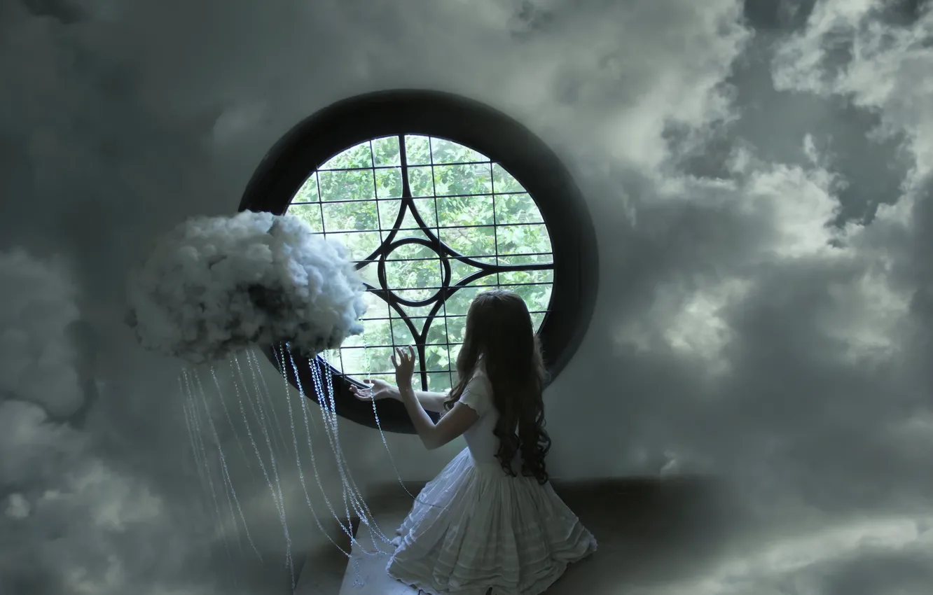 Фото обои небо, девушка, окно, облока