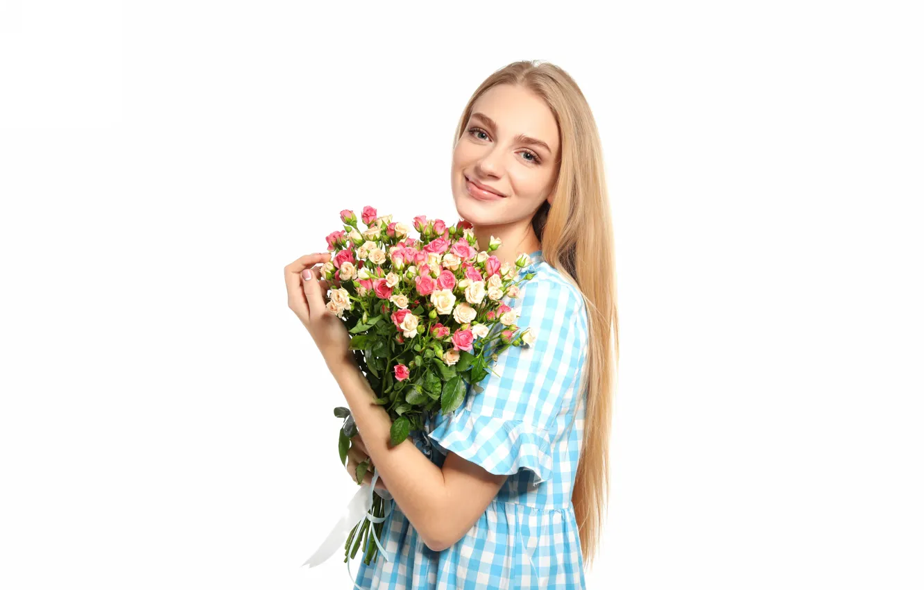 Фото обои девушка, улыбка, волосы, букет