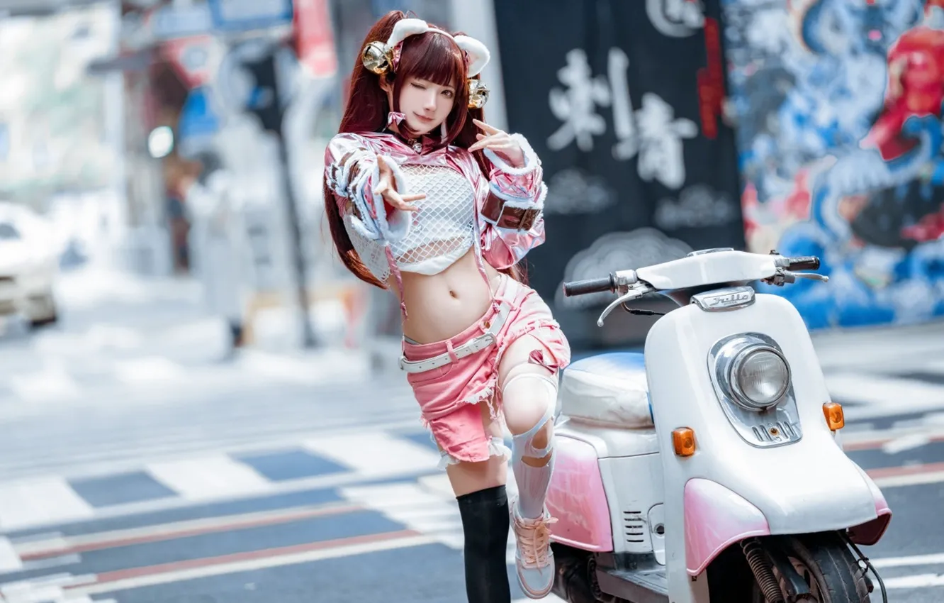 Фото обои girl, shorts, stockings, beautiful, cosplay, asian, sneakers