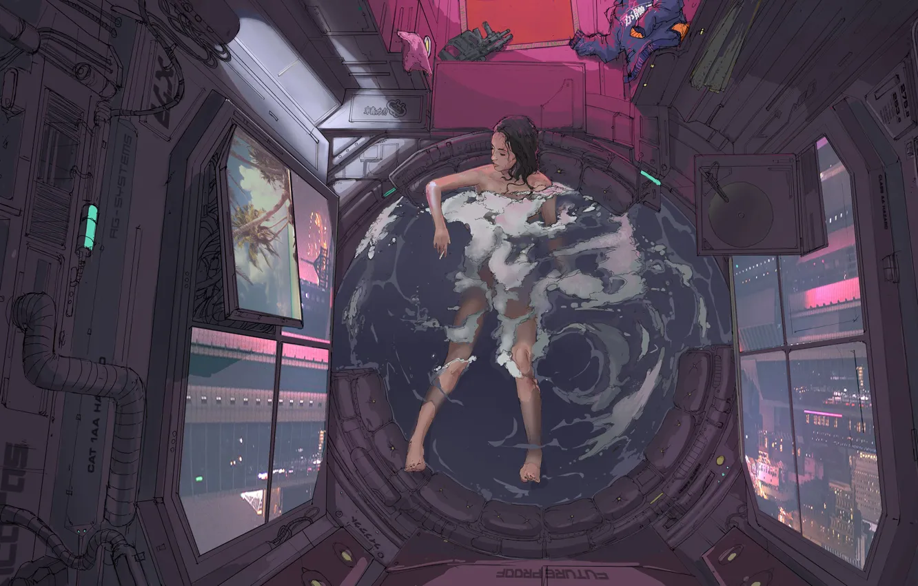Фото обои future, girl, art, bath, cyberpunk, screen, turntable, assault rifle